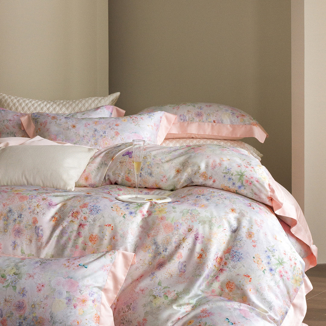 Satin bed set with floral watercolor border and satin edge