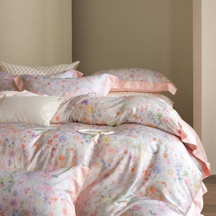 Satin bed set with floral watercolor border and satin edge