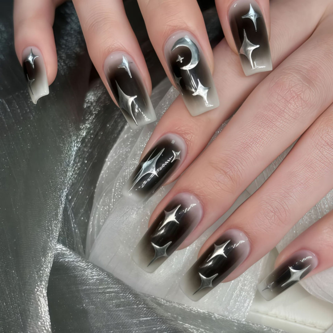 Artificial Nails in Elegant Moon Design with Shimmering Stars Stornfield