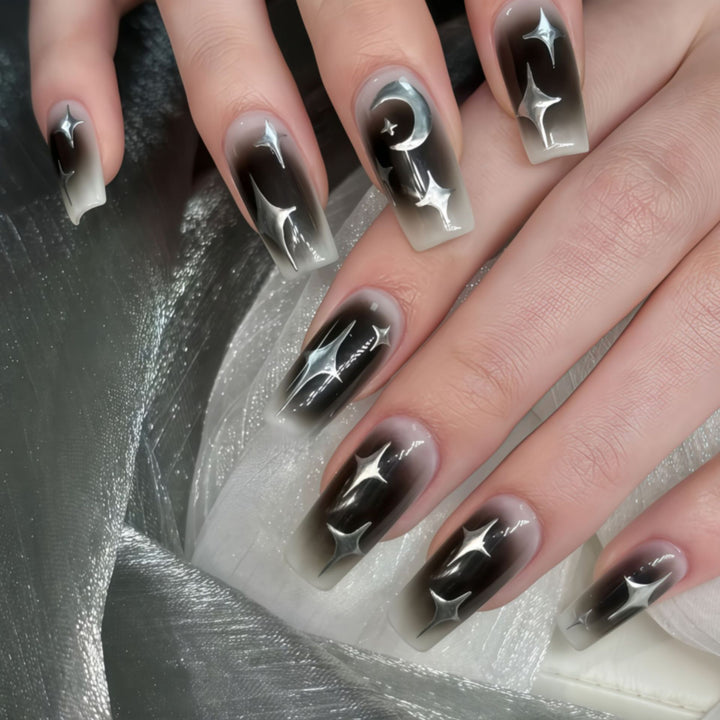 Artificial Nails in Elegant Moon Design with Shimmering Stars Stornfield