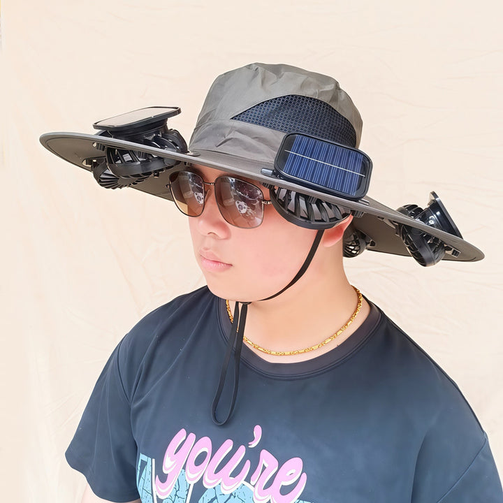 Wide-brimmed sun hat with detachable swivel solar fans and adjustable chin strap Stornfield