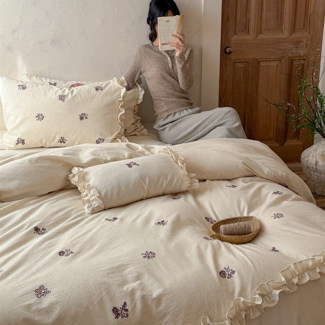 Botanical Embroidered Ruffled Cotton-Linen Duvet Cover Set with Frilled Pillow Shams
