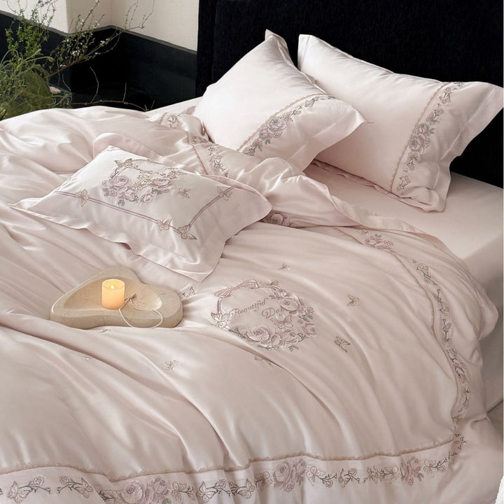 Satin bedding set with embroidered rose border and fine silk shine