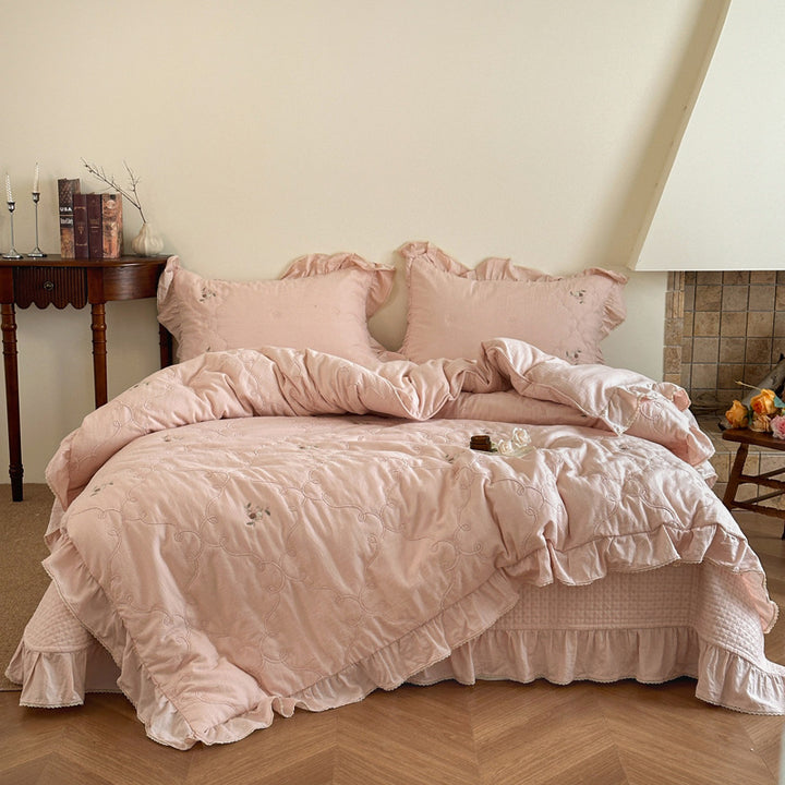 Quilted Floral Embroidered Ruffled Cotton Duvet Cover Set