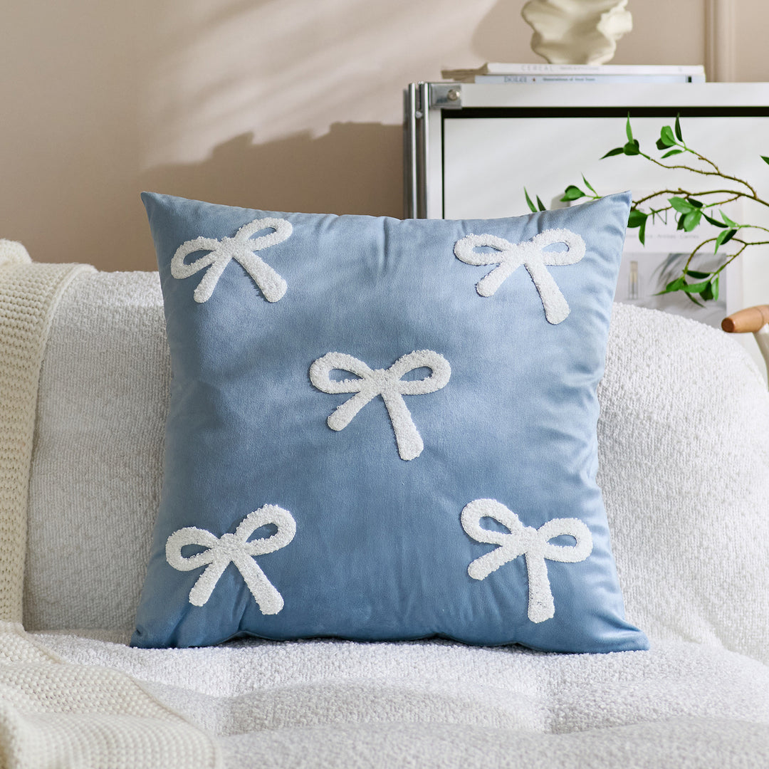 Embroidered Bouclé Bow Velvet Square Throw Pillow Cover