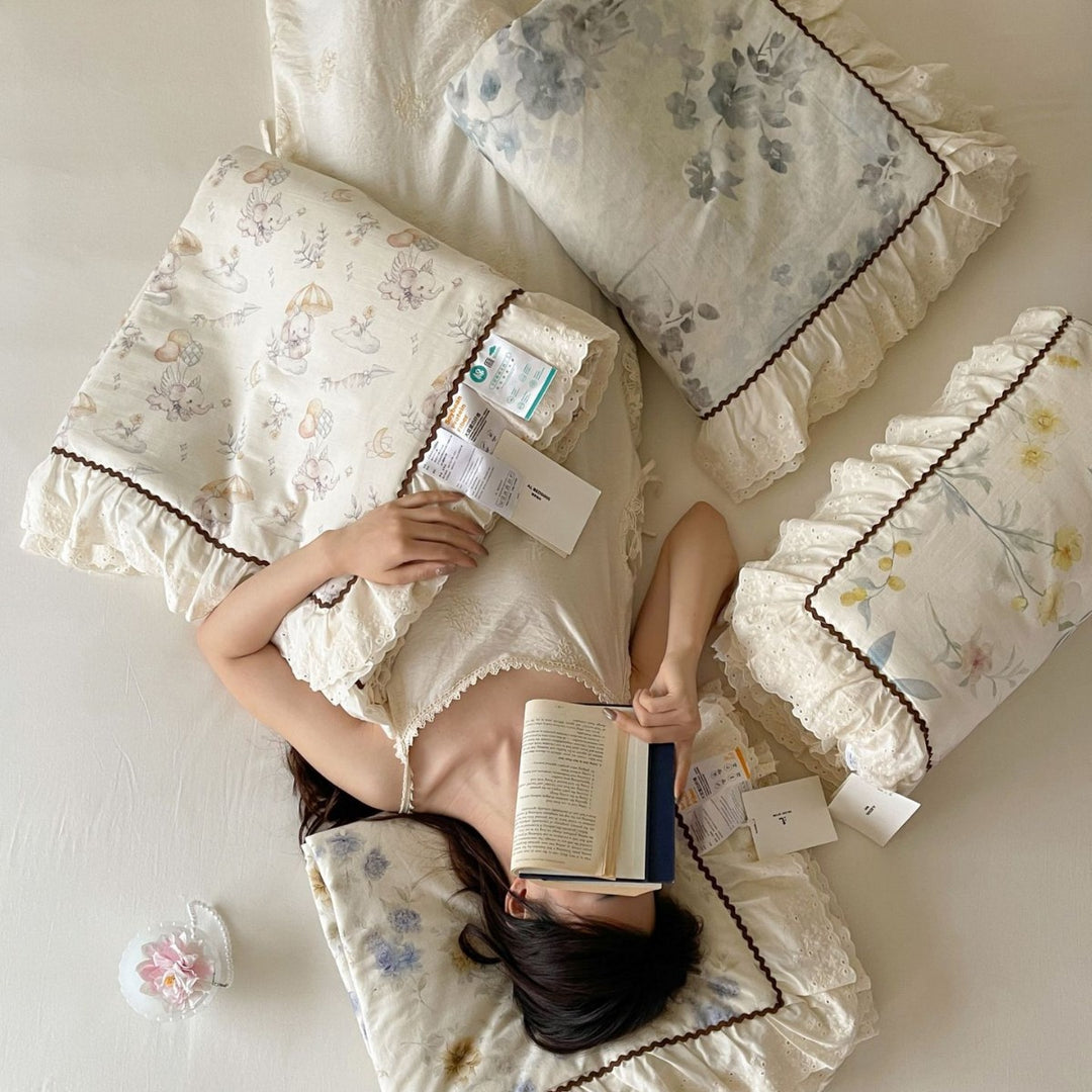 Ruffled Eyelet Floral Cotton Duvet Cover and Pillow Sham Set