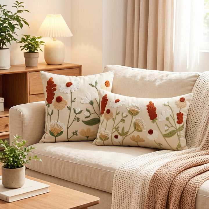 Hand-Embroidered Meadow Motif Linen-Blend Lumbar Cushion Cover
