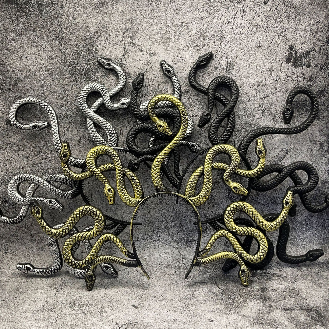 Medusa-inspired headband with 3D snake applications