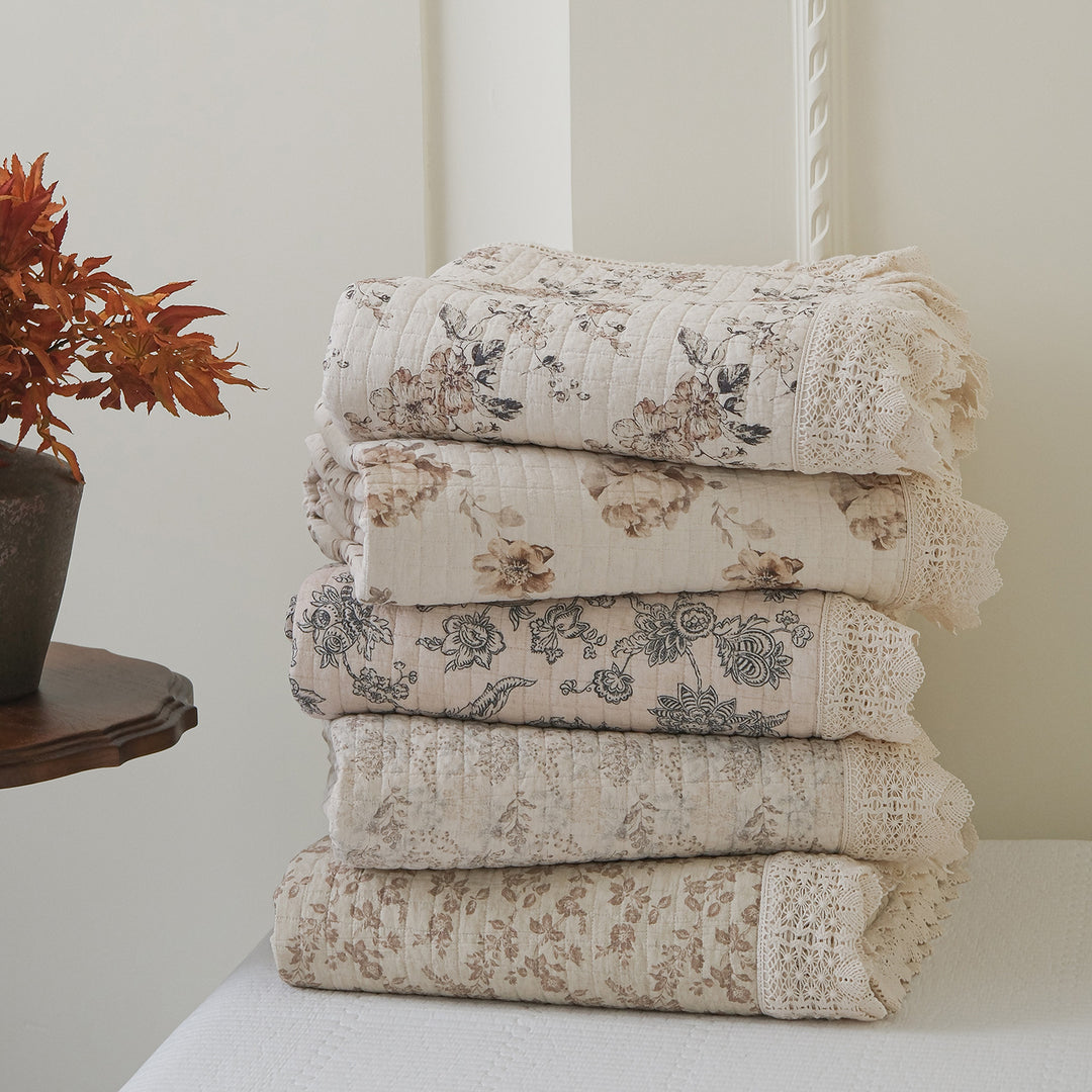 Hand-Quilted Vintage Floral Cotton Bedspread & Crochet-Edged Pillow Sham Set