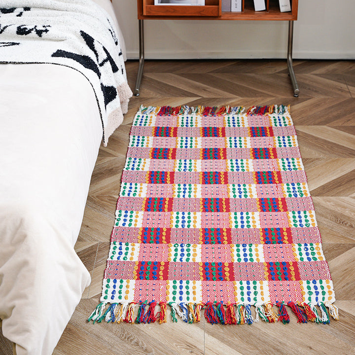woven living room runner with fringes and geometric weave pattern