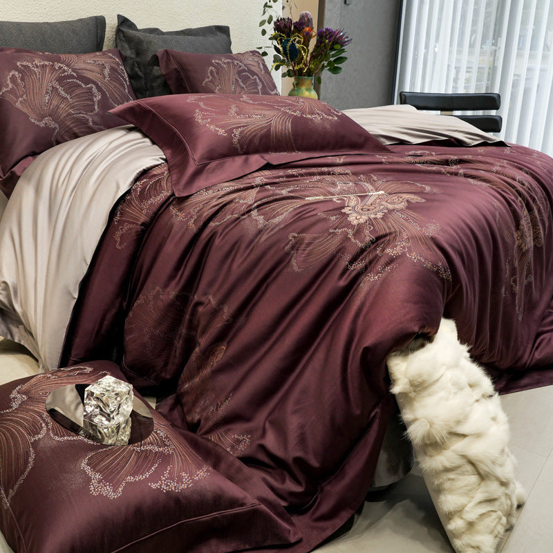 Silky Jacquard Floral-Embroidered Duvet Cover Ensemble with Reversible Sateen Back and Euro Shams