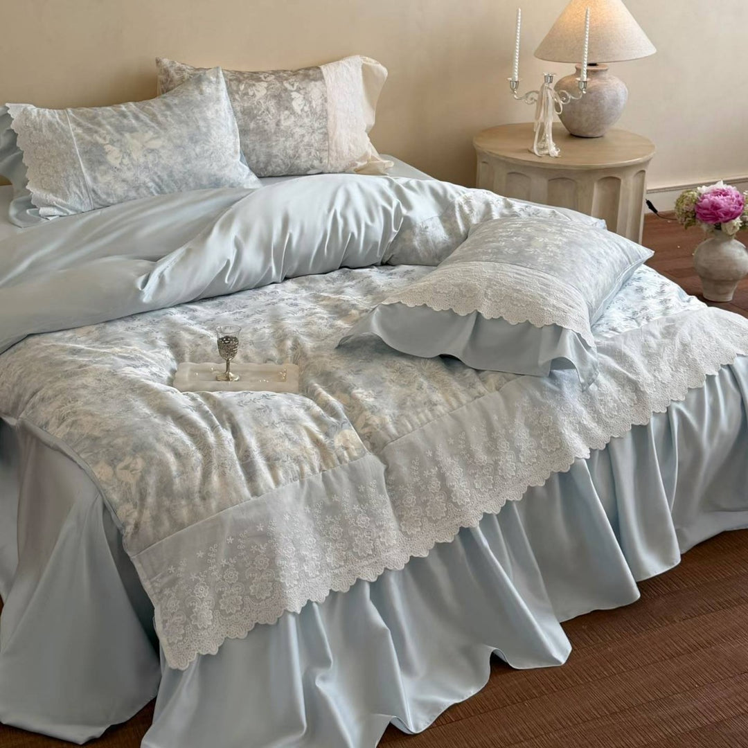 Romantic Ruffled Satin-Blend Duvet Cover Set with Lace Trim & Decorative Bed Skirt