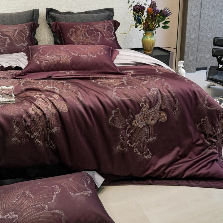 Silky Jacquard Floral-Embroidered Duvet Cover Ensemble with Reversible Sateen Back and Euro Shams