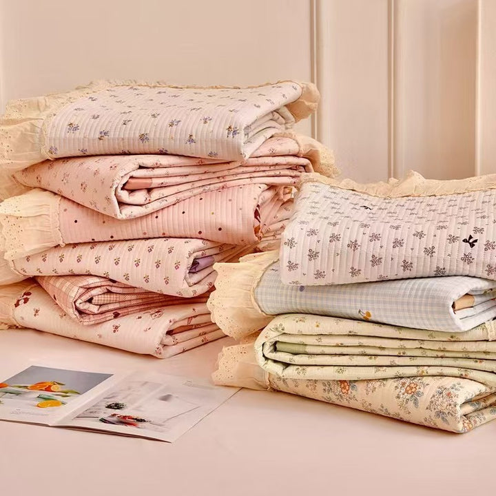 Quilted Floral Reversible Throw Blanket with Eyelet Lace Ruffle