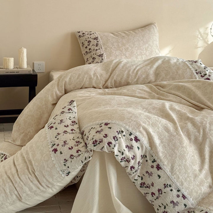Botanical Embroidered Linen-Blend Duvet Cover & Sham Set with Scalloped Lace Border