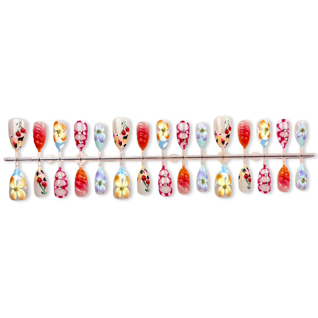 Artistic Press-On Nail Set with Floral and Gem Accents 1790746017