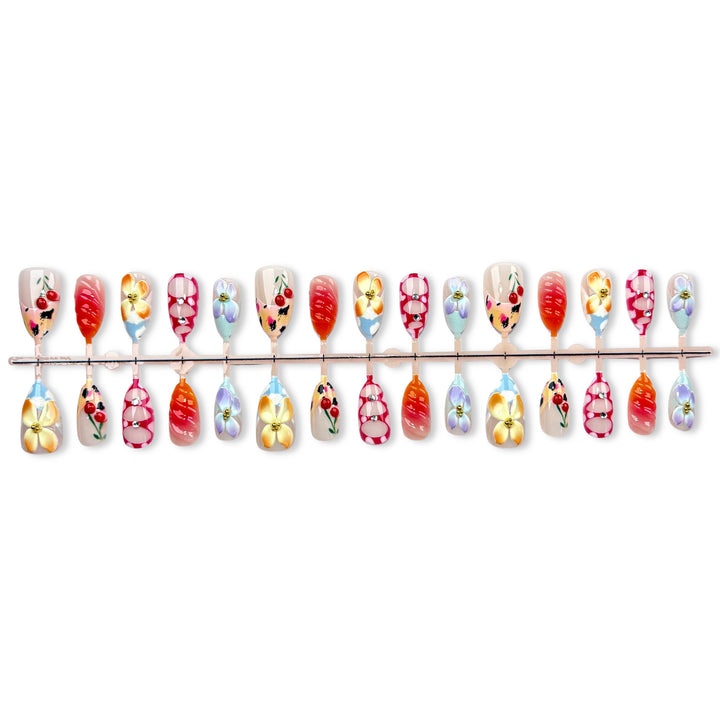 Artistic Press-On Nail Set with Floral and Gem Accents 1790746017