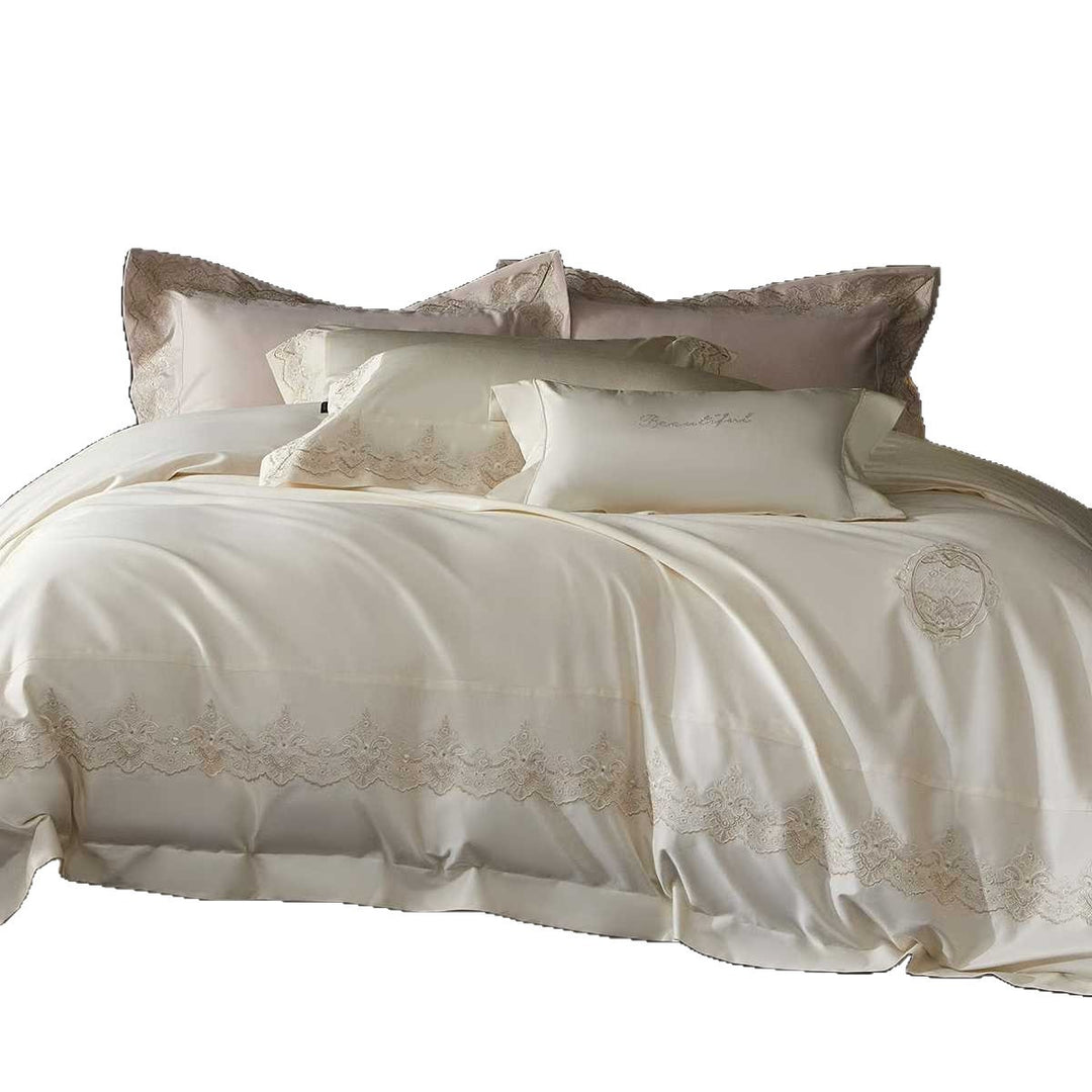 Luxury Satin-Feel Embroidered Lace-Trim Bedding Duvet Comforter Set