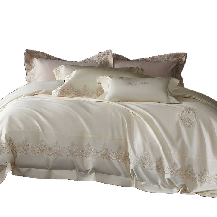 Luxury Satin-Feel Embroidered Lace-Trim Bedding Duvet Comforter Set