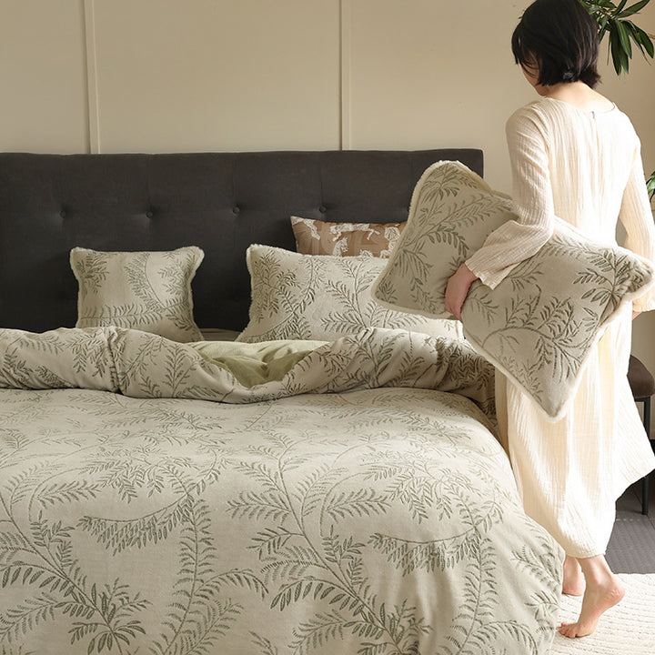 Jacquard bedding set with leaf relief, light quilting, and soft finish