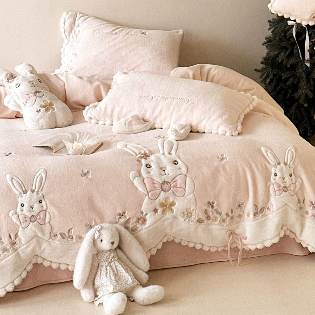 Plush Quilted Bunny Appliqué Duvet Cover Set with Pom-Pom Trim