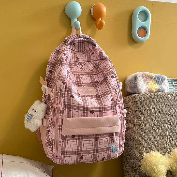 Stylish Checked Backpack with Heart Accents Stornfield