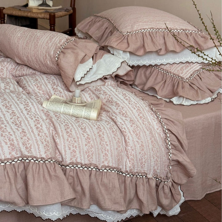 Ruffled Floral Stripe Cotton Duvet Cover and Sham Set