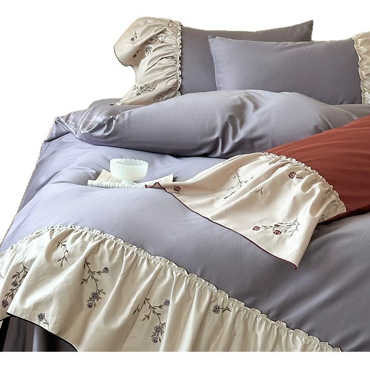 Luxury Ruffled Floral-Embroidered Sateen Duvet Cover Set