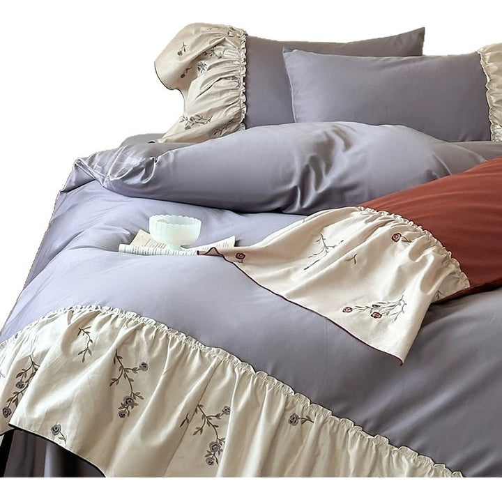 Luxury Ruffled Floral-Embroidered Sateen Duvet Cover Set