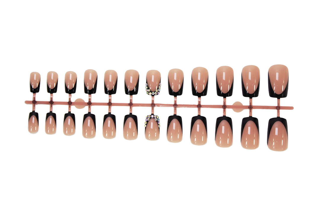 Artificial nail set with elegant black tips and sparkling accents Stornfield