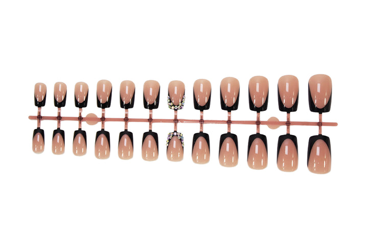 Artificial nail set with elegant black tips and sparkling accents Stornfield