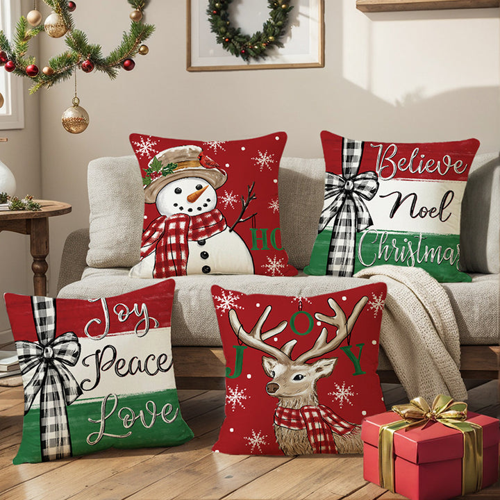 Seasonal Decorative Square Cotton-Linen Throw Pillow Cover with Snowman Cardinal Print