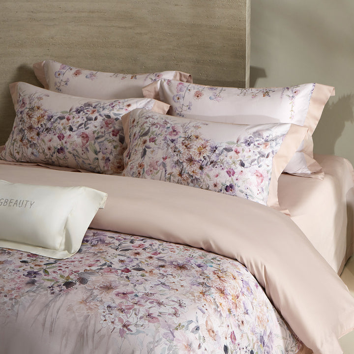 Floral Watercolor Cotton Sateen Duvet Cover Set with Hidden Zipper & Embroidered Pillow Shams