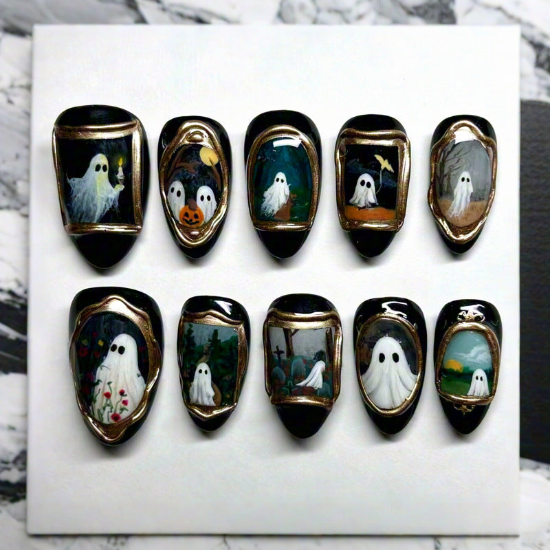 Ghost-Themed Press-On Nail Art Set