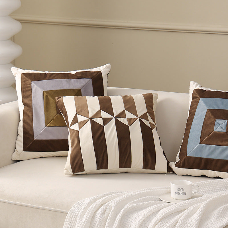 Square decorative cushion with striped velvet inlay and geometric pleated look