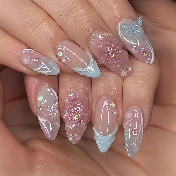 Decorative Stiletto Press-On Nail Art with Floral Accents Stornfield