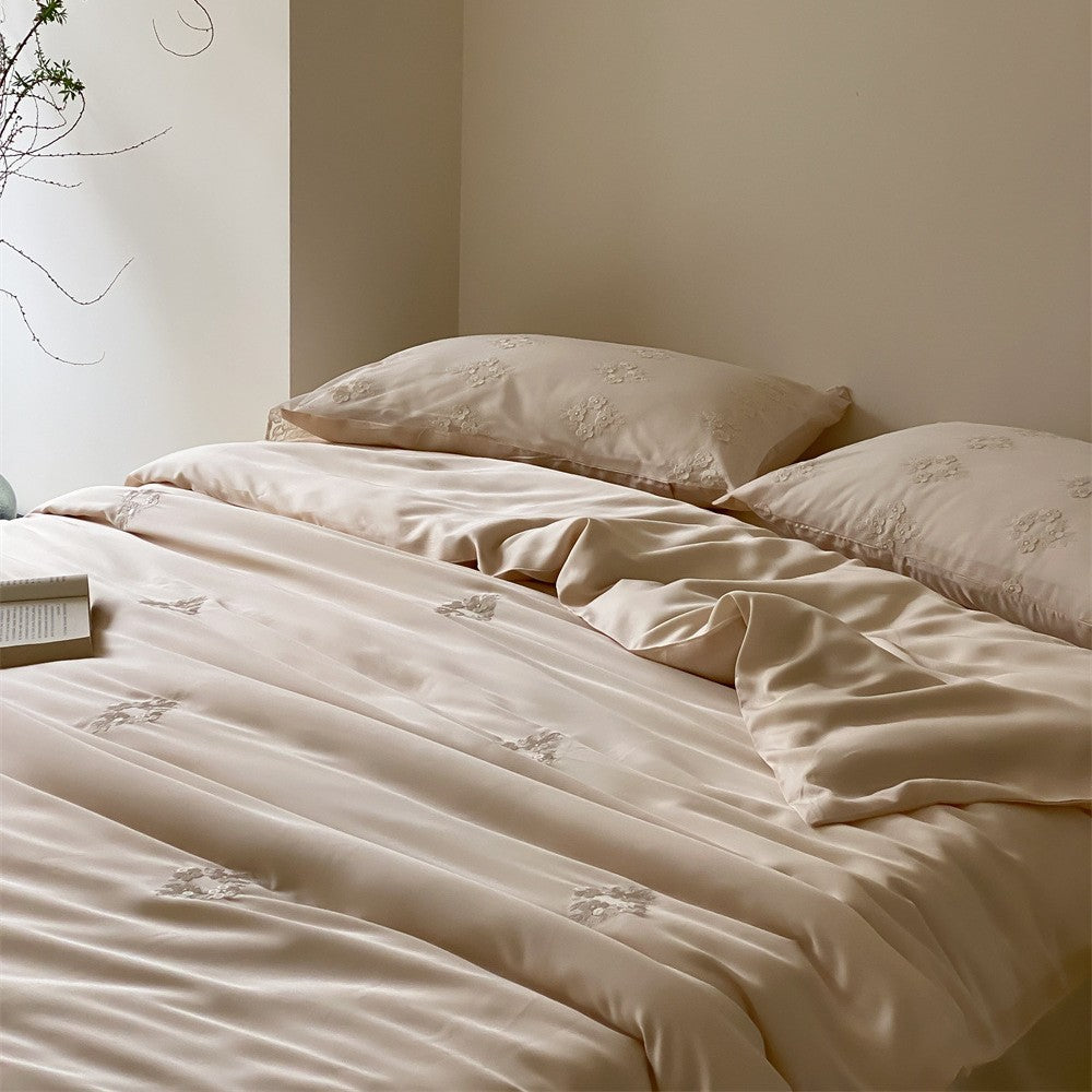 Silky smooth satin duvet cover set with fine floral embroidery