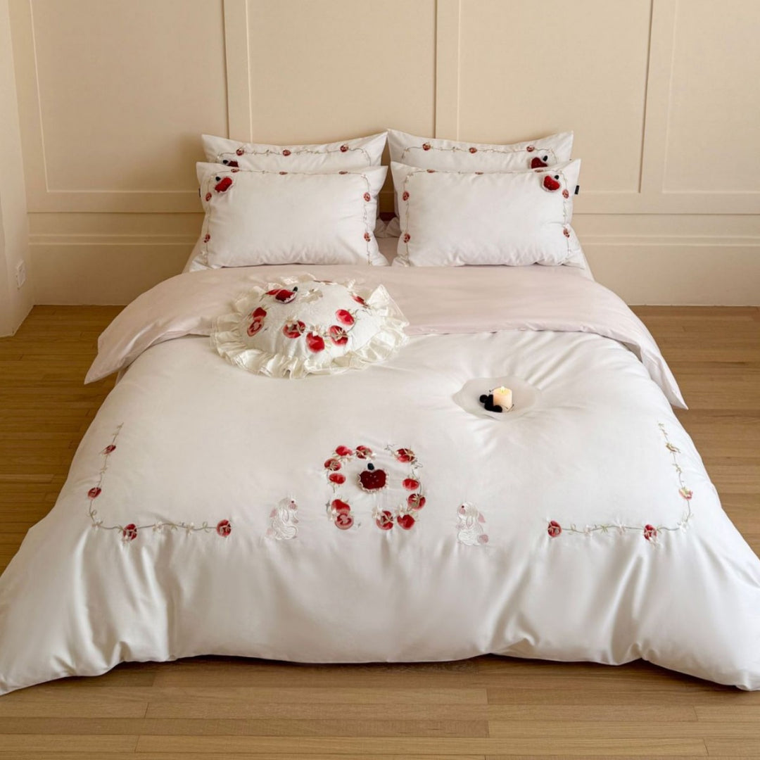 Embroidered Rose Appliqué Ruffled Cotton Duvet Cover Set
