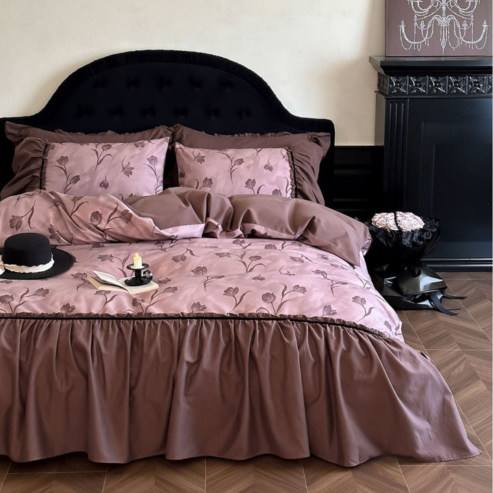 Romantic bedspread and pillow set with rose watercolor, ruffle, and satin trim