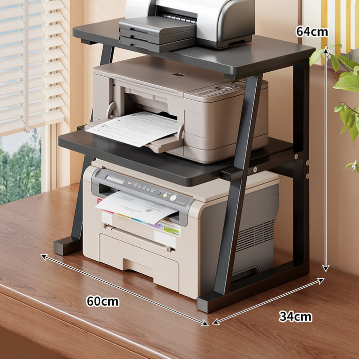Adjustable Two-Tier Wood-Top Metal-Frame Desktop Printer Stand with Cable Management