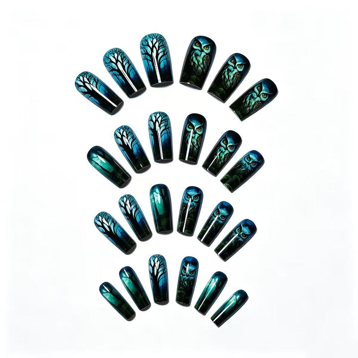 Artificial nails with elegant owl and forest motif Stornfield