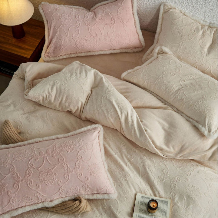 Embossed Paisley Plush Microfiber Duvet Cover Set with Sherpa-Lined Shams
