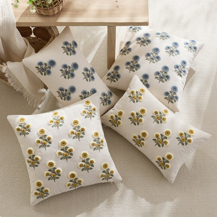 Tufted Floral Embroidered Decorative Throw Pillow Cover