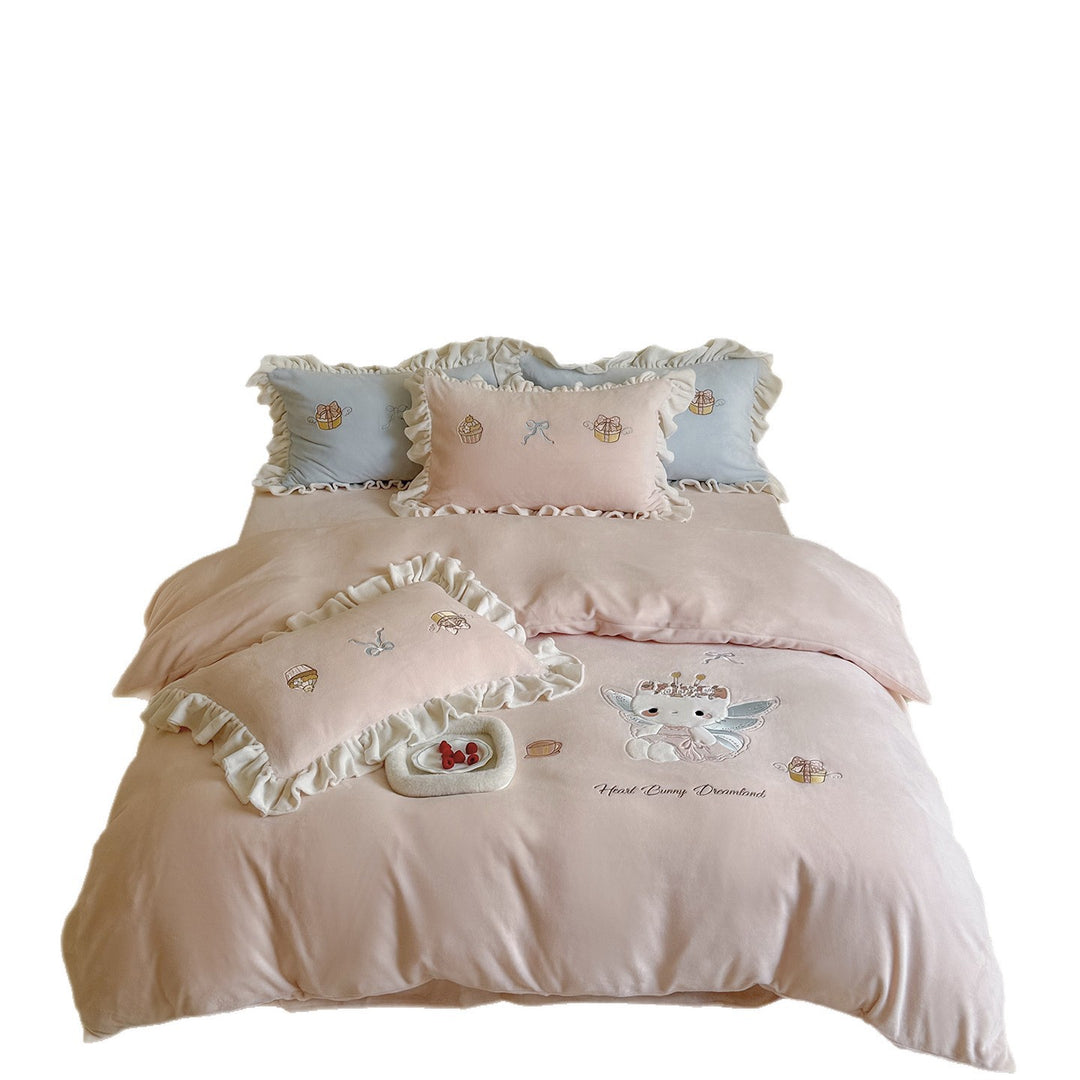 Princess Bunny Embroidered Ruffled Velvet Comforter Duvet Set