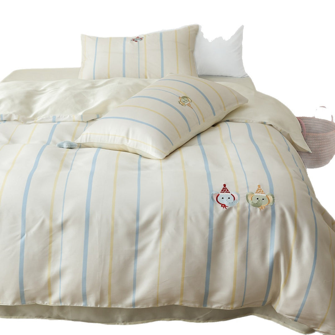 Striped Cotton Sateen Duvet Cover Set with Embroidered Animal Tassel Pillowcases