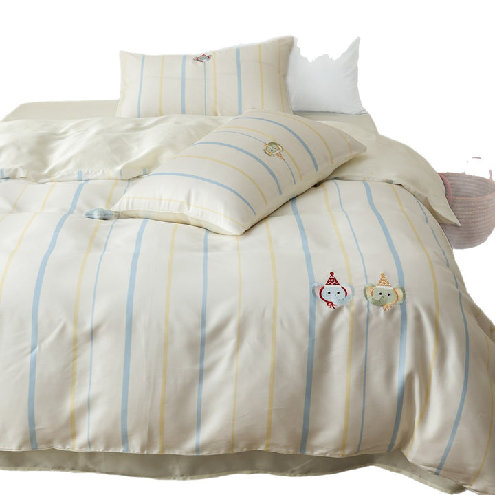 Striped Cotton Sateen Duvet Cover Set with Embroidered Animal Tassel Pillowcases