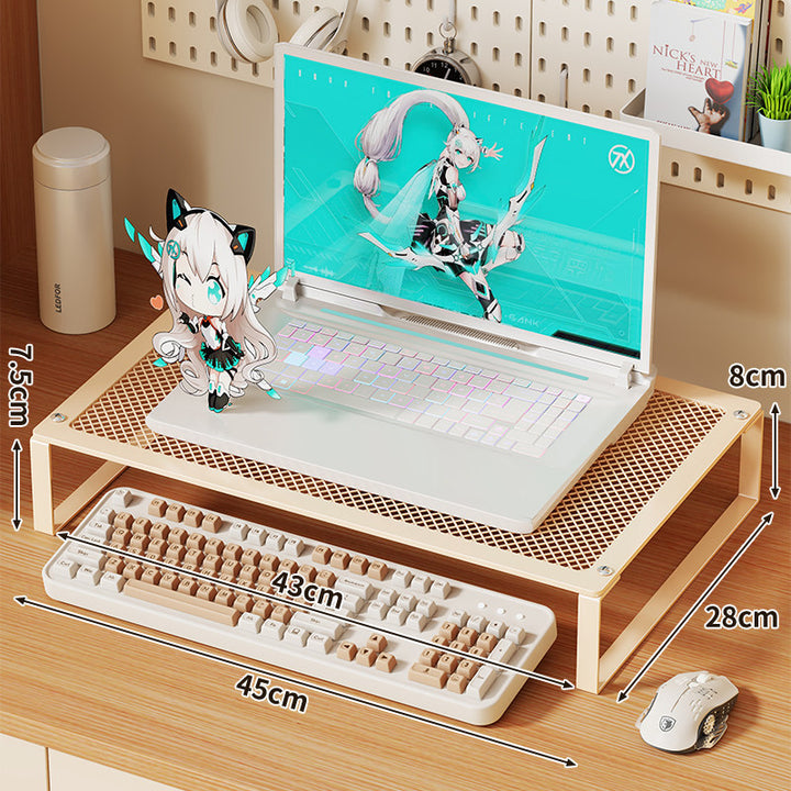Elevated Mesh Laptop and Monitor Stand with Ventilated Metal Grid Surface and Under-Keyboard Storage