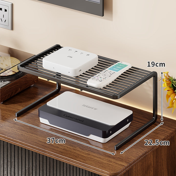 Two-Tier Ventilated Metal Electronics Organizer Shelf for Routers, Set-Top Boxes and Remotes