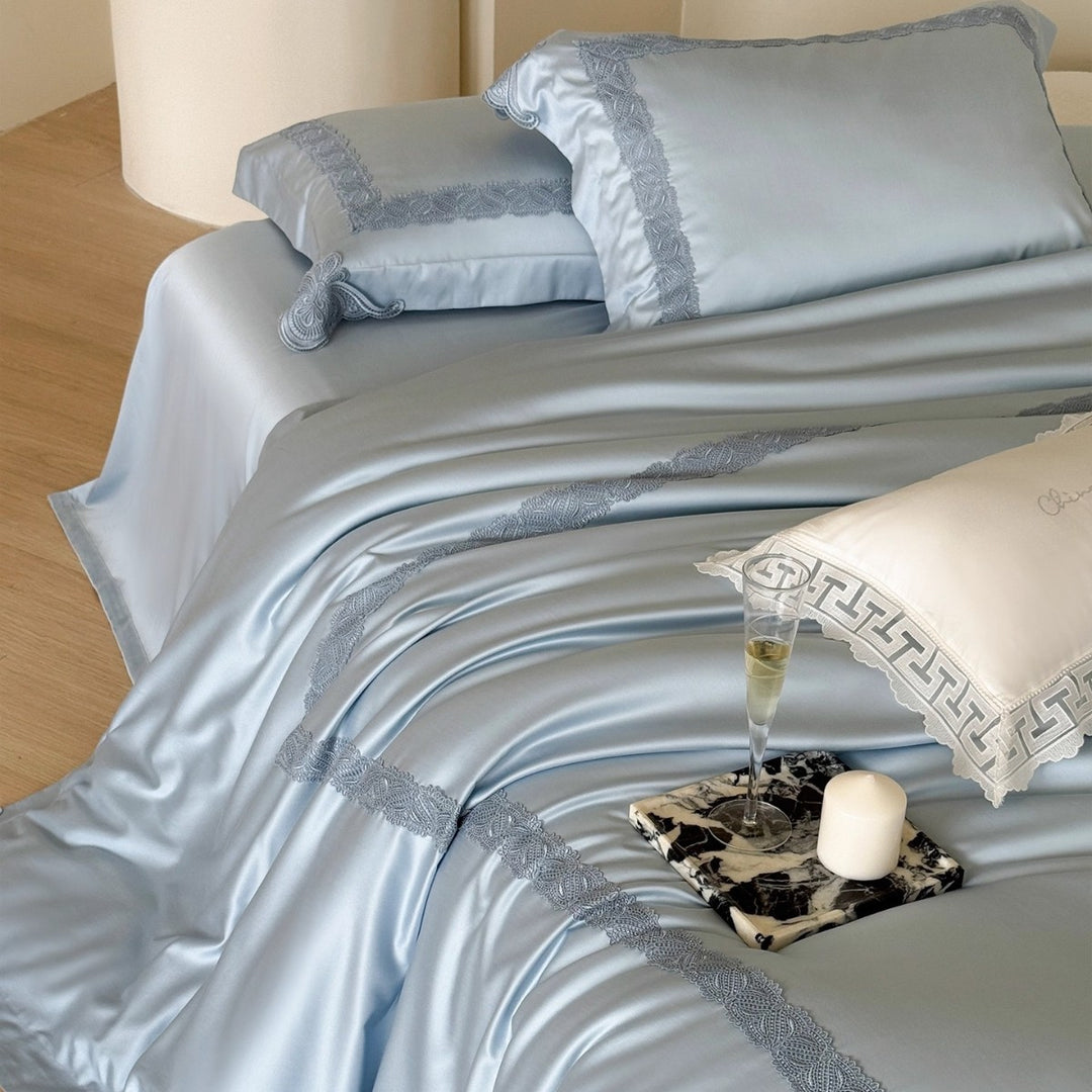 Silky Satin Duvet Ensemble with Floral Appliqué Embroidery, Scalloped Lace Border & Hidden Closure