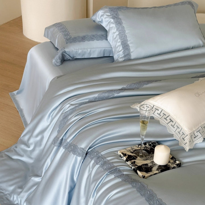 Silky Satin Duvet Ensemble with Floral Appliqué Embroidery, Scalloped Lace Border & Hidden Closure
